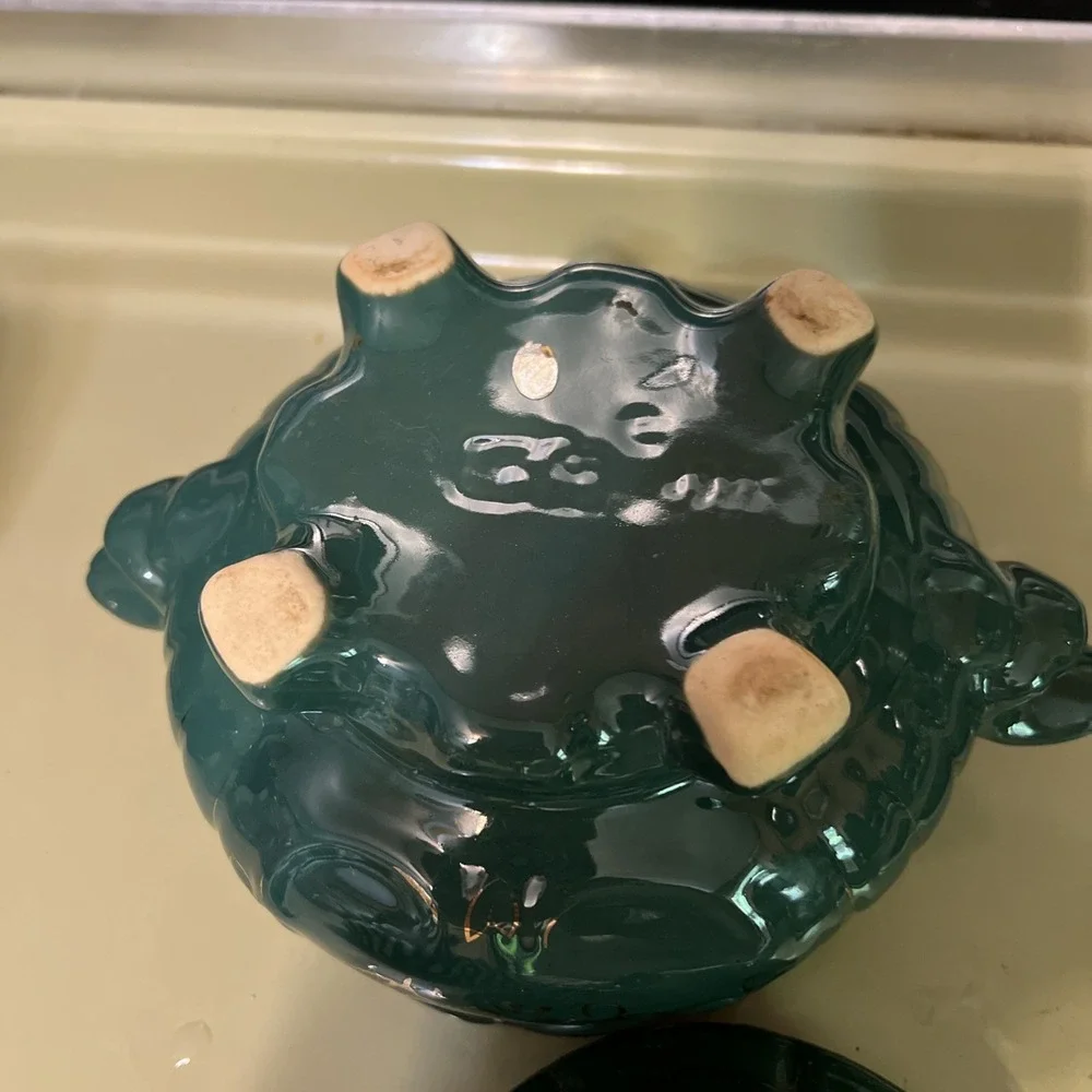Vintage GCI Green Glazed Footed Candy Jar With Handles Hand Painted Gold Trim
